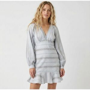 Beulah NWT Striped Long Sleeve V Neck Ruffle Mini Dress Large Gray Chic Party